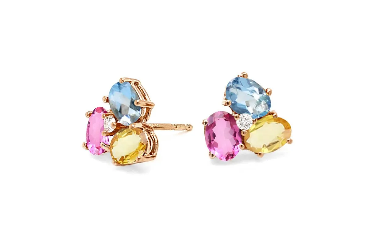 Earrings Center Diamond and Oval Gemstones Flower 18kt Gold