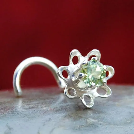 Flower Nose Stud in Sterling Silver with Peridot Gemstone