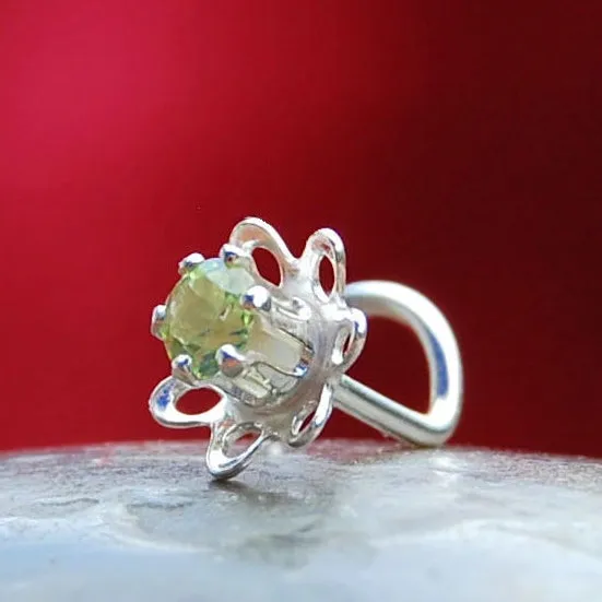 Flower Nose Stud in Sterling Silver with Peridot Gemstone