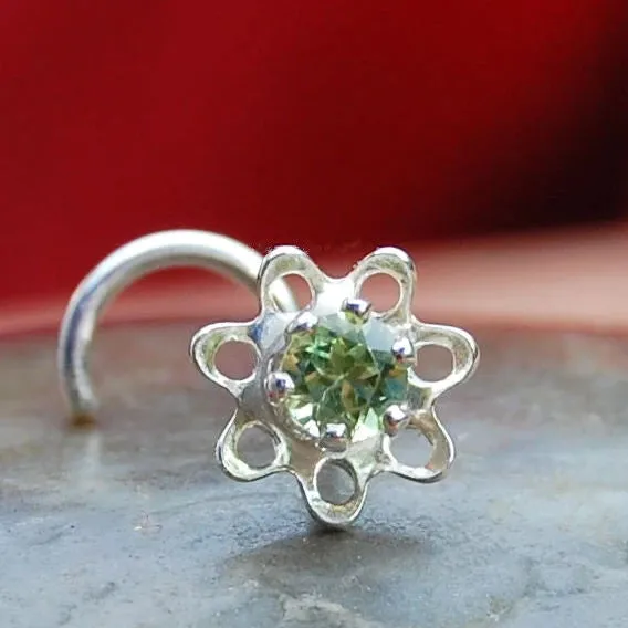 Flower Nose Stud in Sterling Silver with Peridot Gemstone