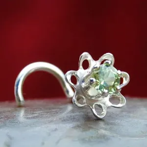 Flower Nose Stud in Sterling Silver with Peridot Gemstone