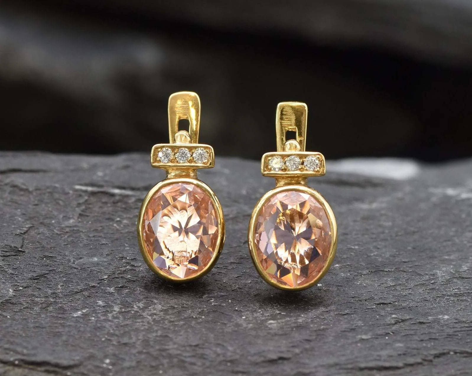 Gold Morganite Earrings - Pink Oval Earrings, Pink Vintage Earrings