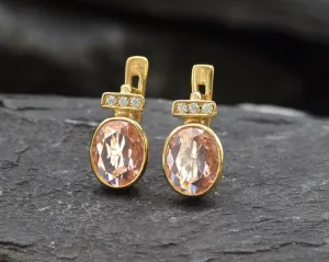 Gold Morganite Earrings - Pink Oval Earrings, Pink Vintage Earrings