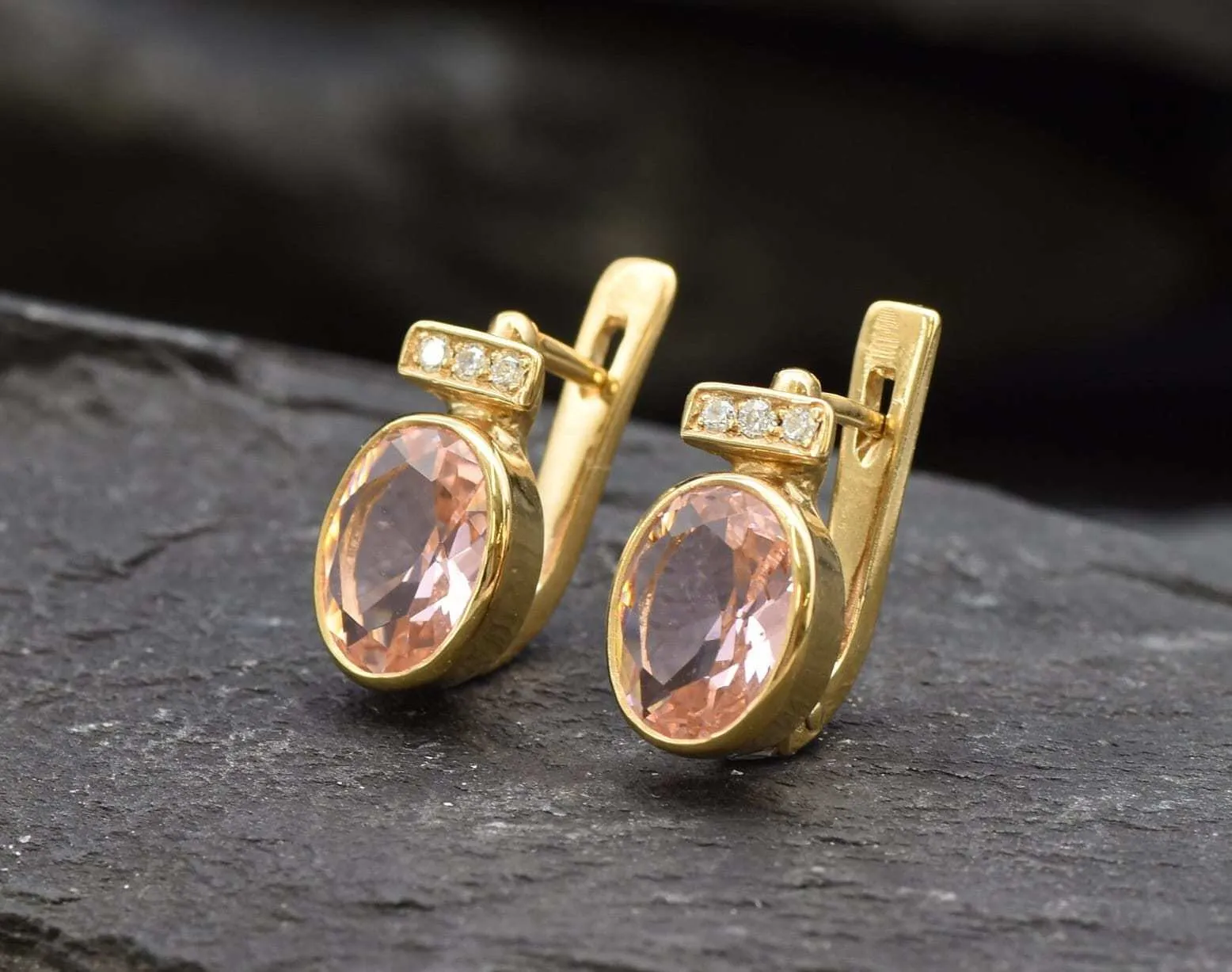 Gold Morganite Earrings - Pink Oval Earrings, Pink Vintage Earrings