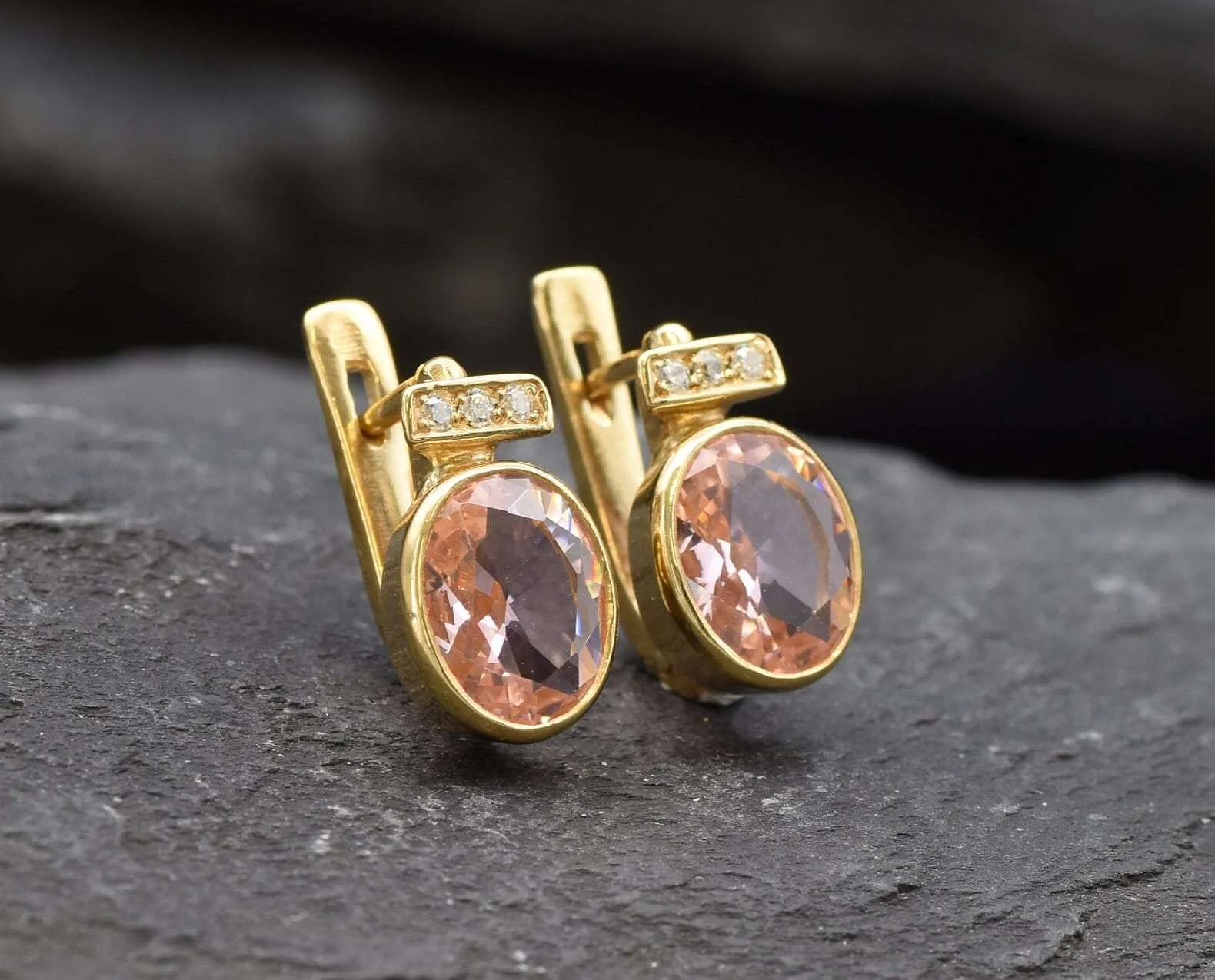 Gold Morganite Earrings - Pink Oval Earrings, Pink Vintage Earrings