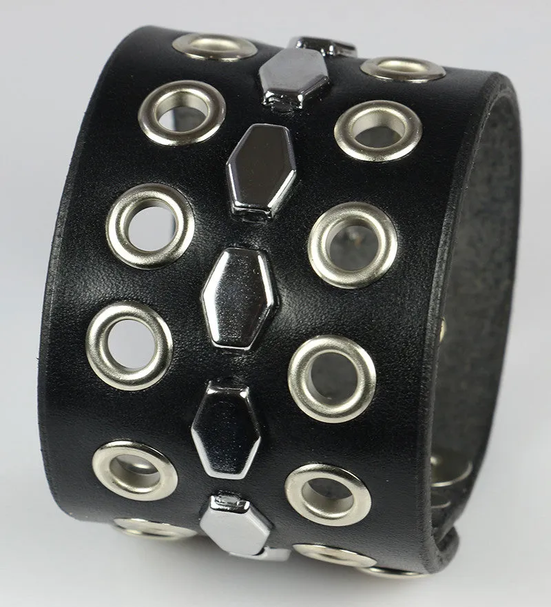 Hexagon Studded Leather Wristband, with Eyelets