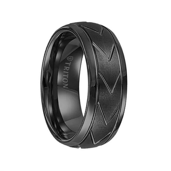 IVES Domed Black Tungsten Carbide Comfort Fit Band with Brush Finish Center and Chevron Pattern Cuts by Triton Rings - 8mm