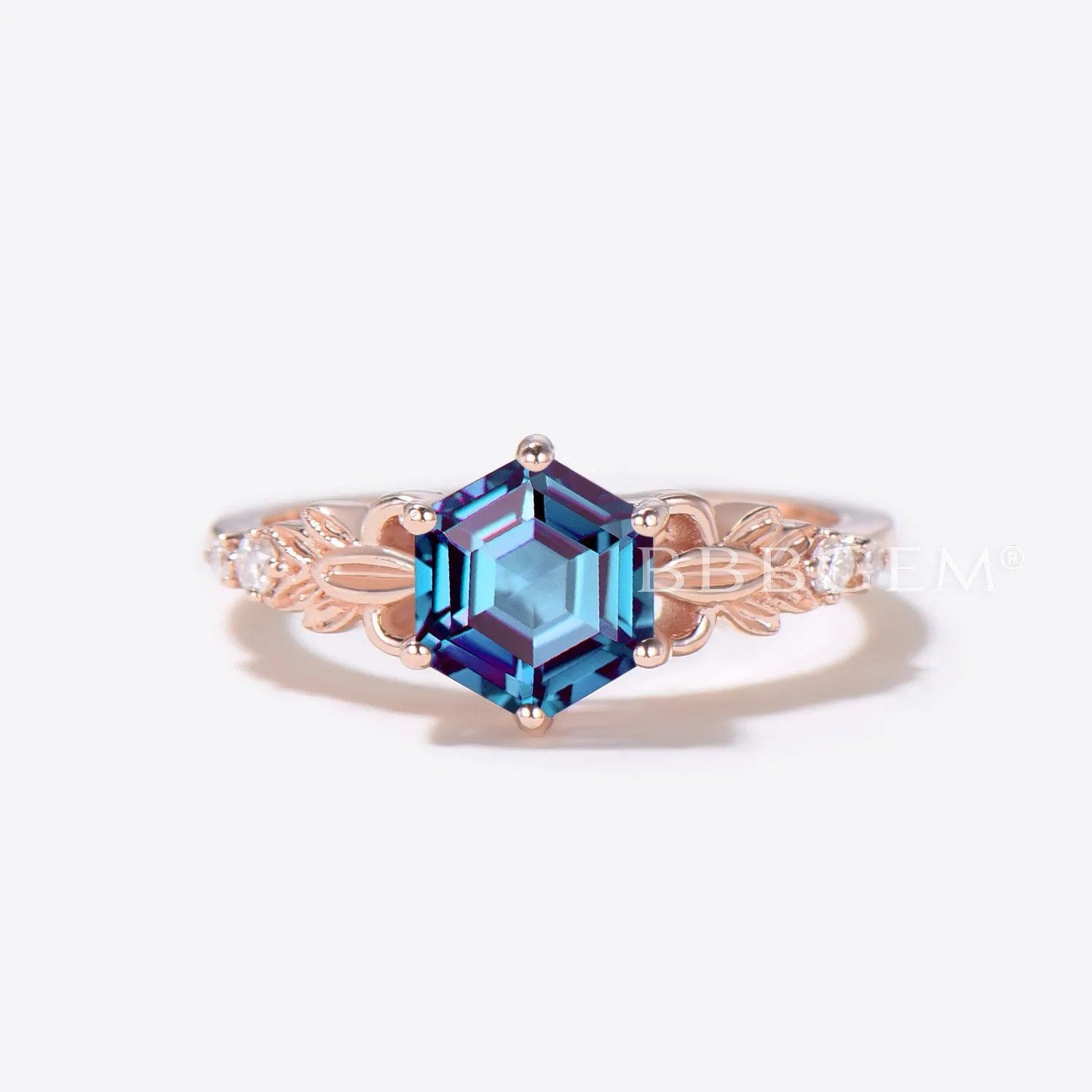 Leaf Engagement Ring Hexagon Cut Alexandrite Wedding Ring Set