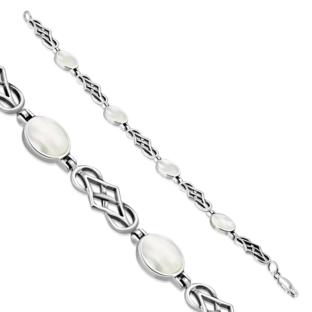 Mother Of Pearl Shell Oval Links Celtic Knot Silver Bracelet