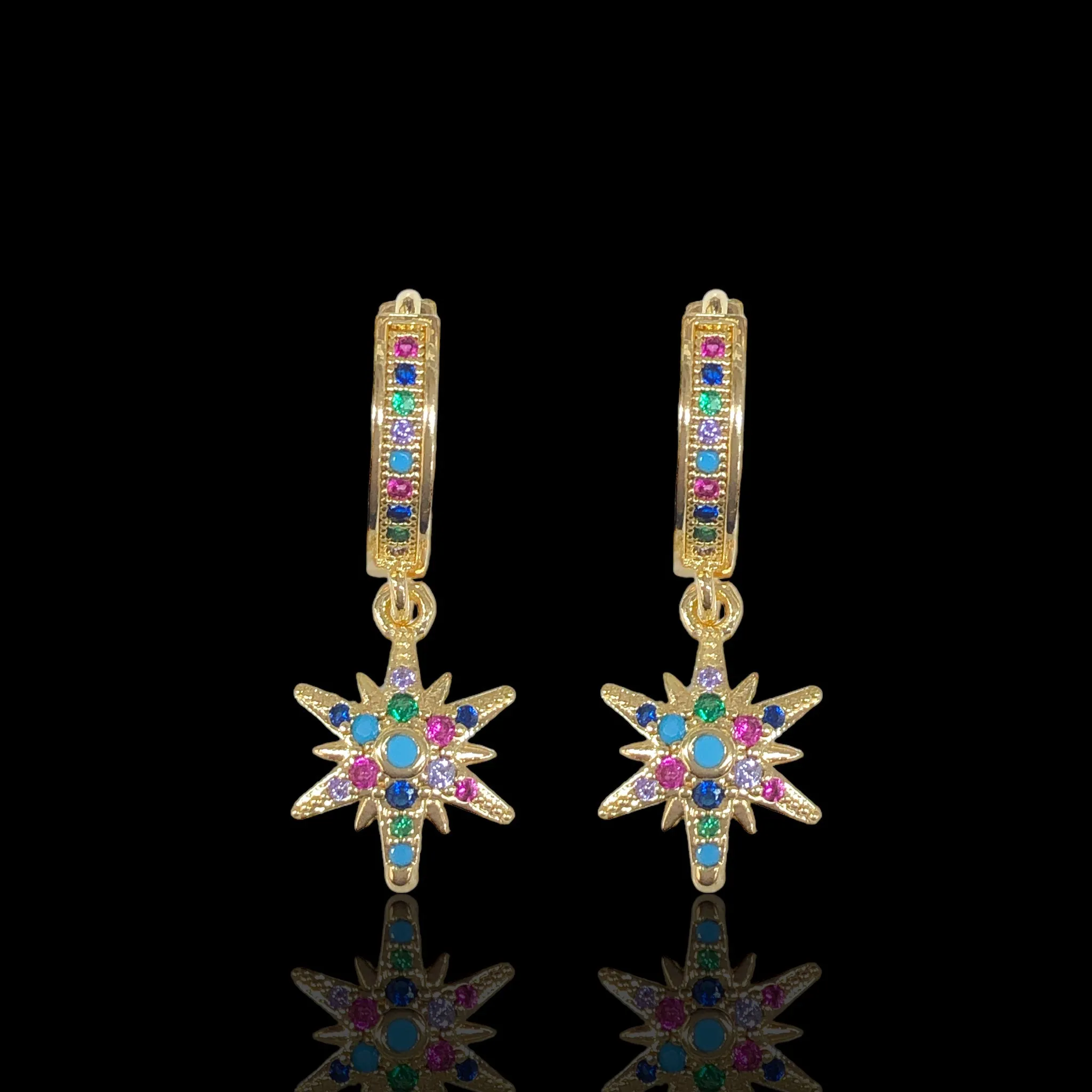 Oro Laminado Gold Filled Glowing Star CZ Dangle Earrings