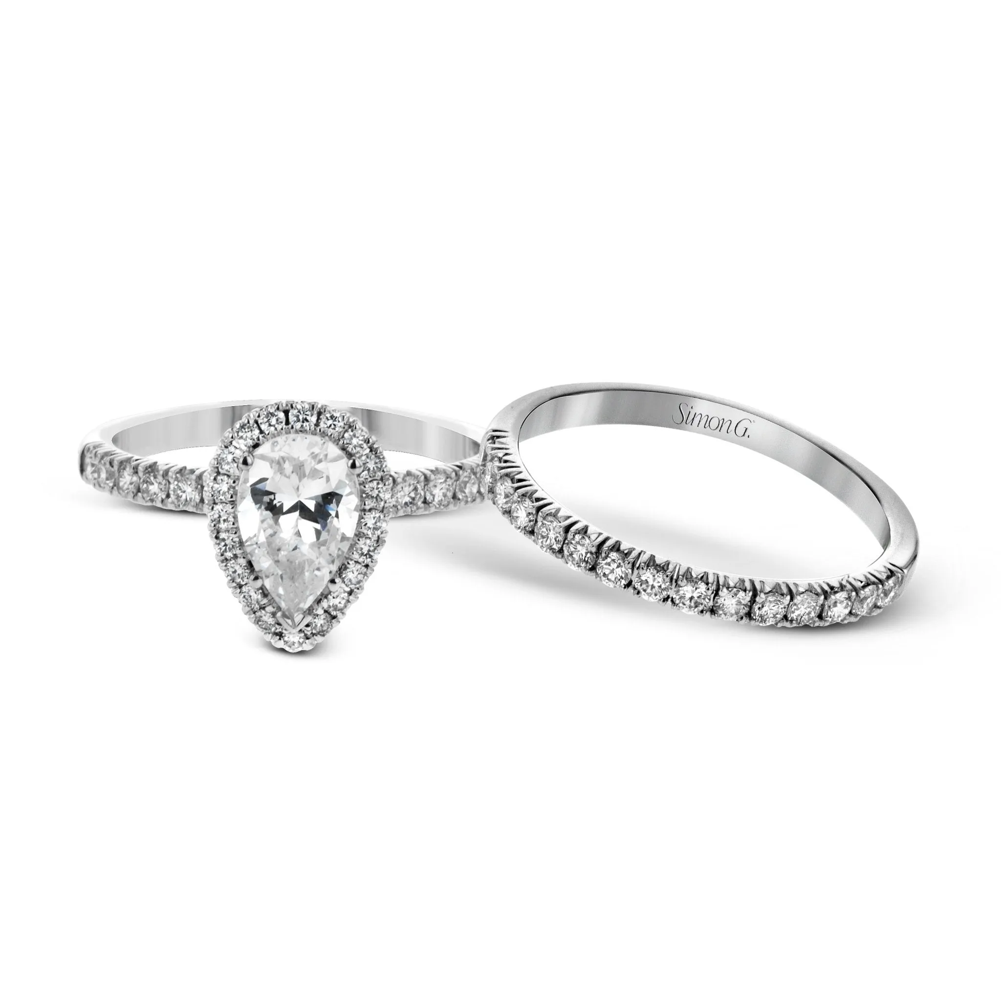 Pear-cut Halo Engagement Ring & Matching Wedding Band in 18K Gold with Diamonds