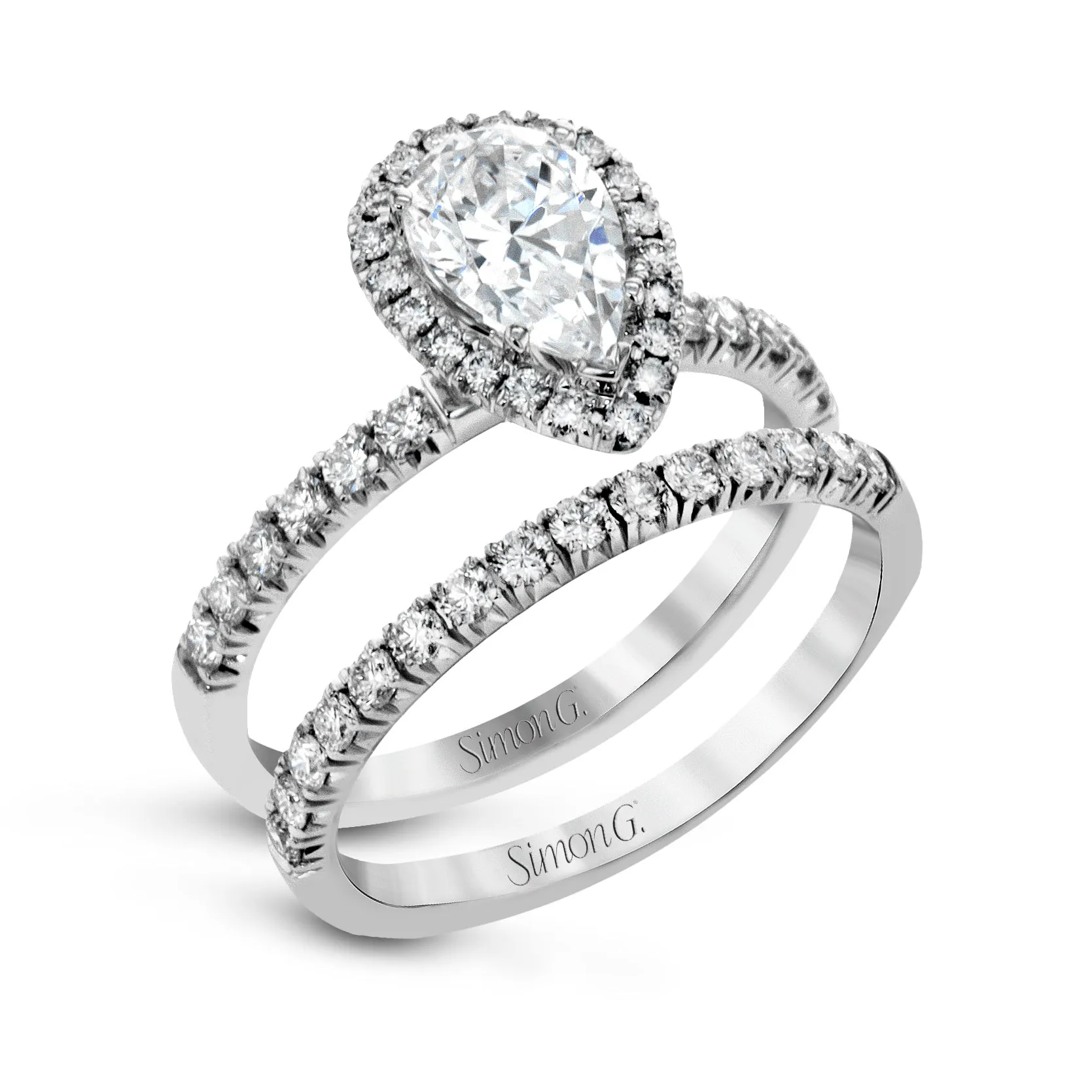 Pear-cut Halo Engagement Ring & Matching Wedding Band in 18K Gold with Diamonds