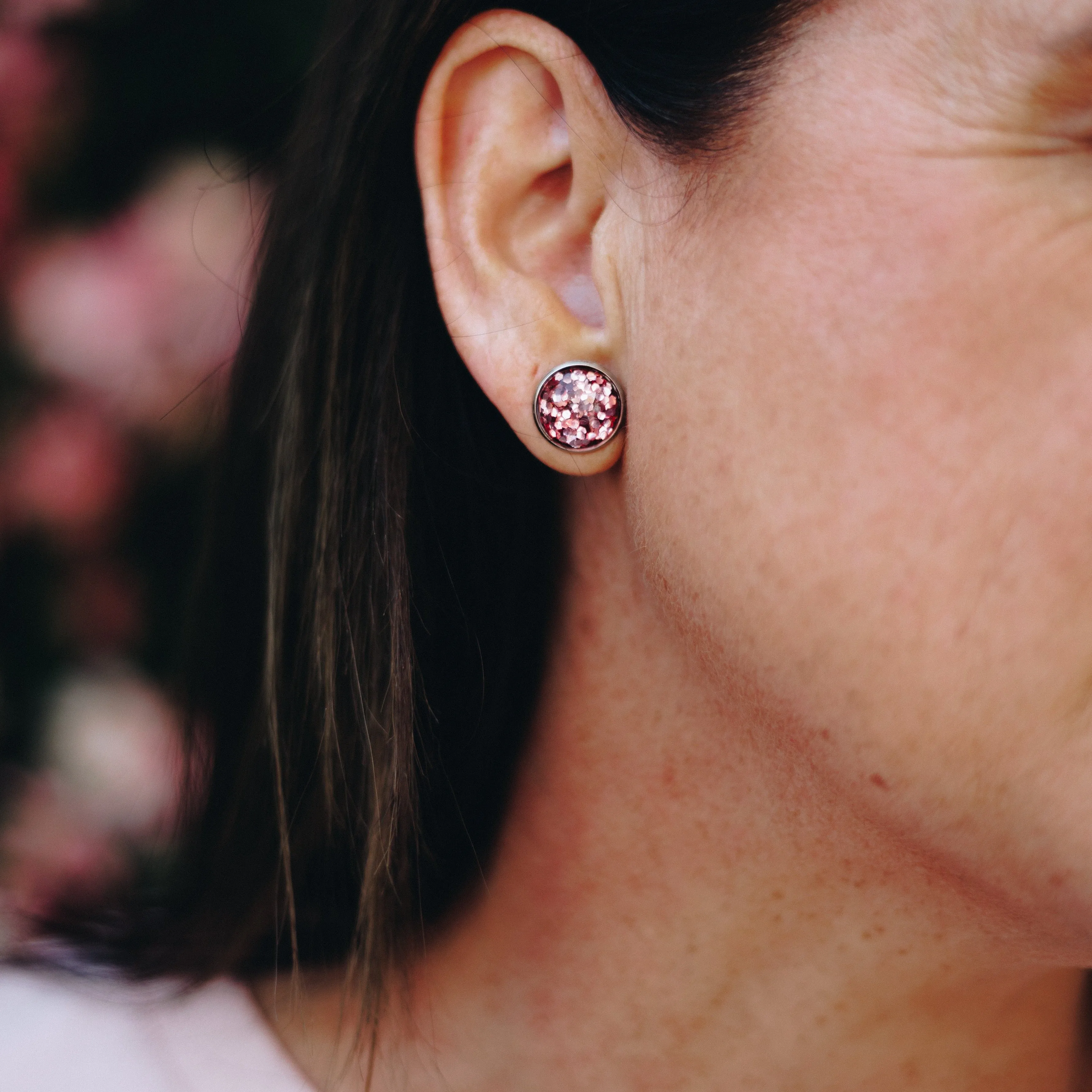 PINK COLLECTION SPARKLEFEST - Beautiful Strong Unique - Bright Silver Stud Earrings - Pink Glitter (8706-R)