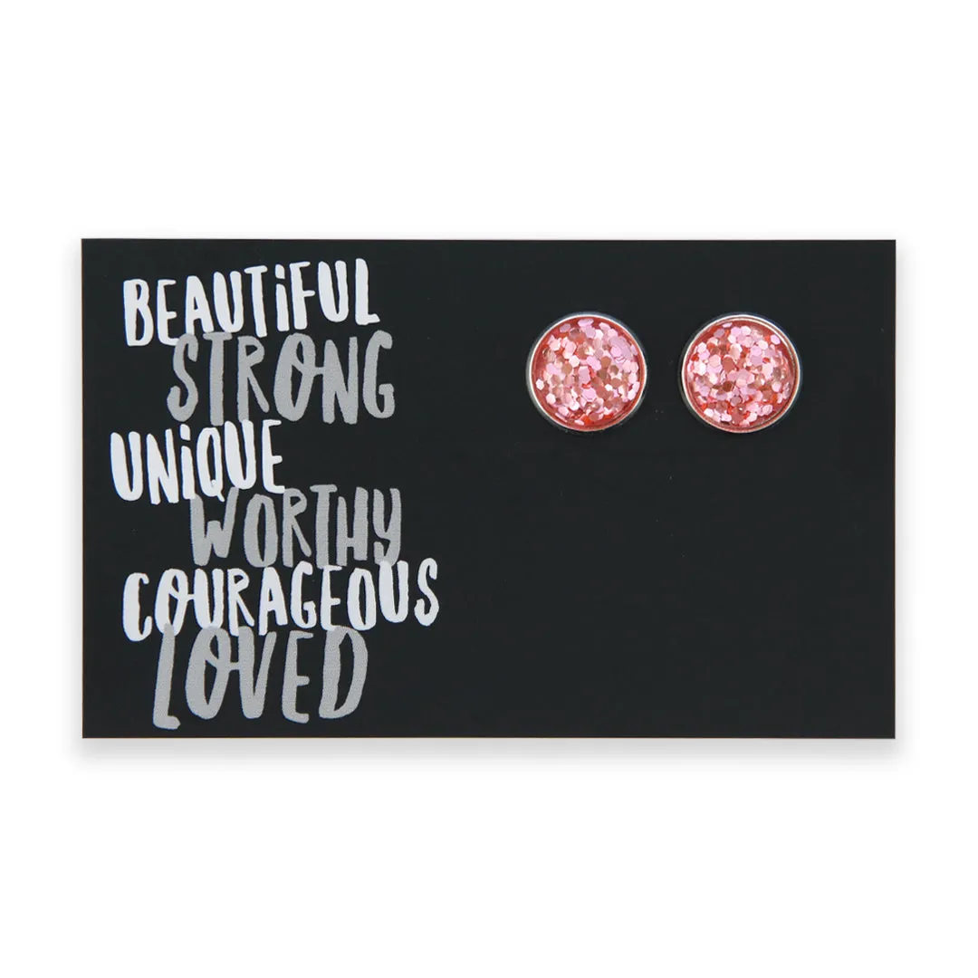 PINK COLLECTION SPARKLEFEST - Beautiful Strong Unique - Bright Silver Stud Earrings - Pink Glitter (8706-R)