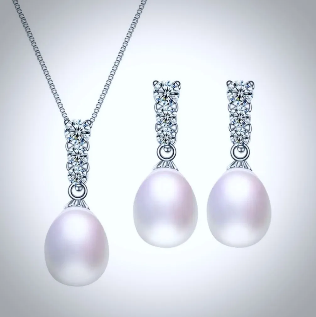 "Doris" - Sterling Silver Pearl and Cubic Zirconia Bridal Jewelry Set