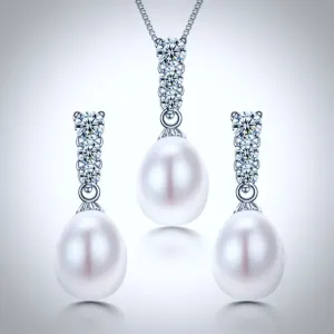 "Doris" - Sterling Silver Pearl and Cubic Zirconia Bridal Jewelry Set