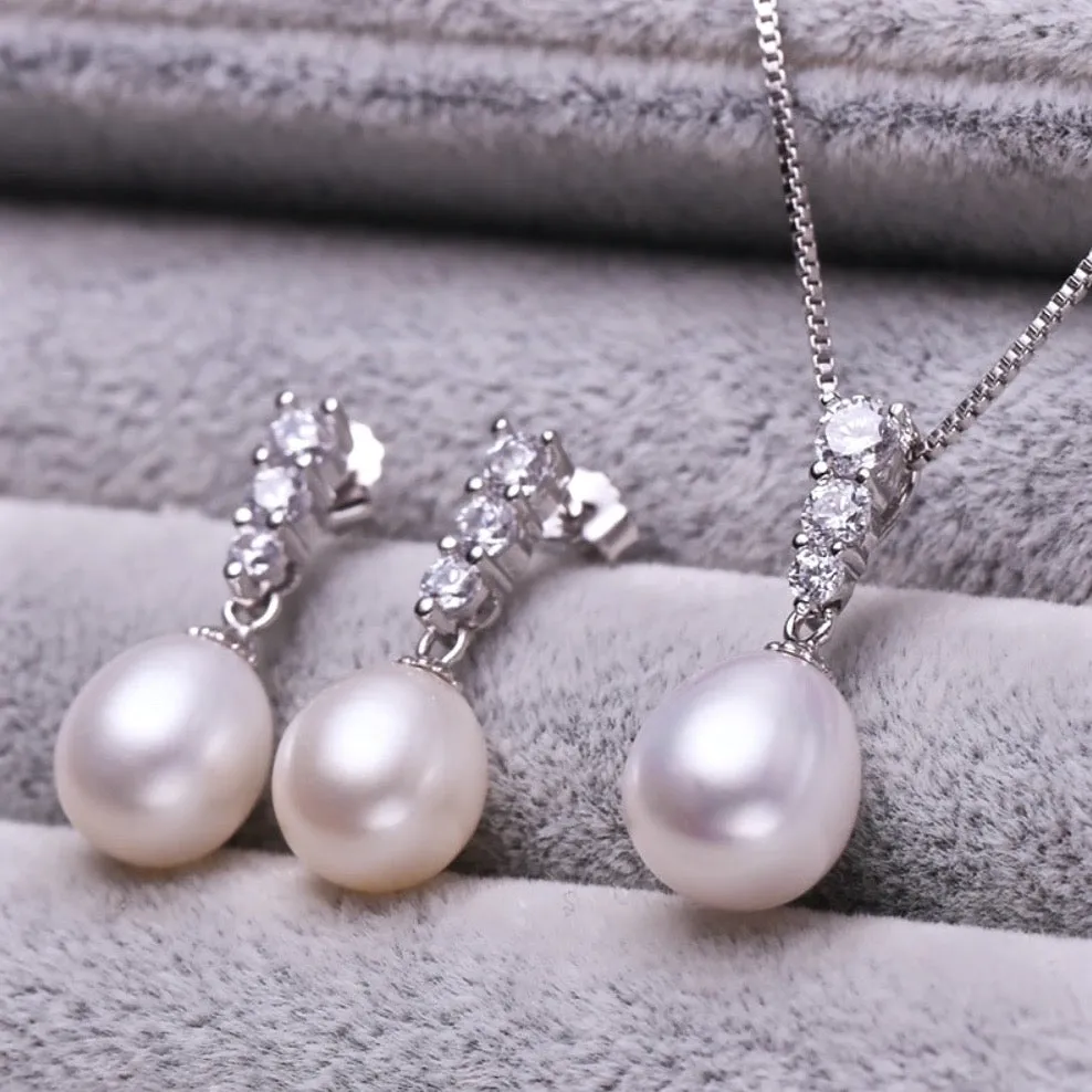 "Doris" - Sterling Silver Pearl and Cubic Zirconia Bridal Jewelry Set