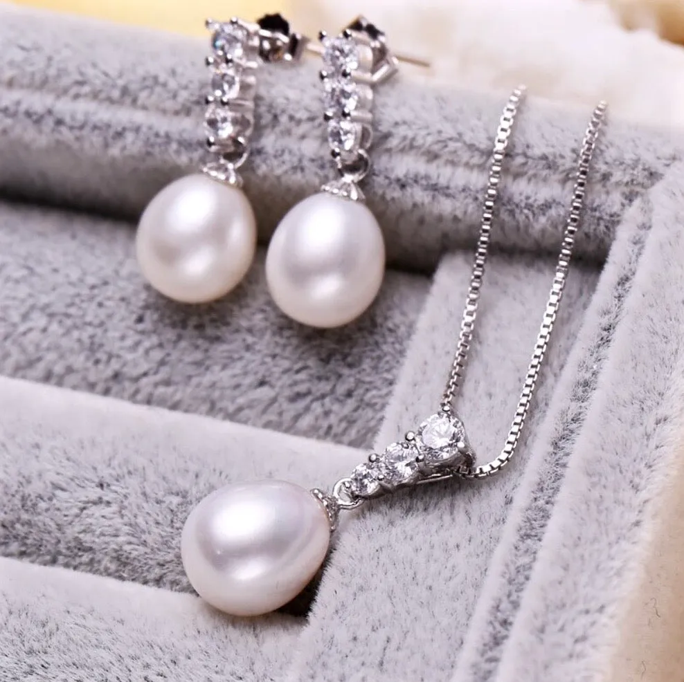 "Doris" - Sterling Silver Pearl and Cubic Zirconia Bridal Jewelry Set