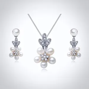 "Liv" - Pearl and Cubic Zirconia Bridal Necklace and Earrings Set