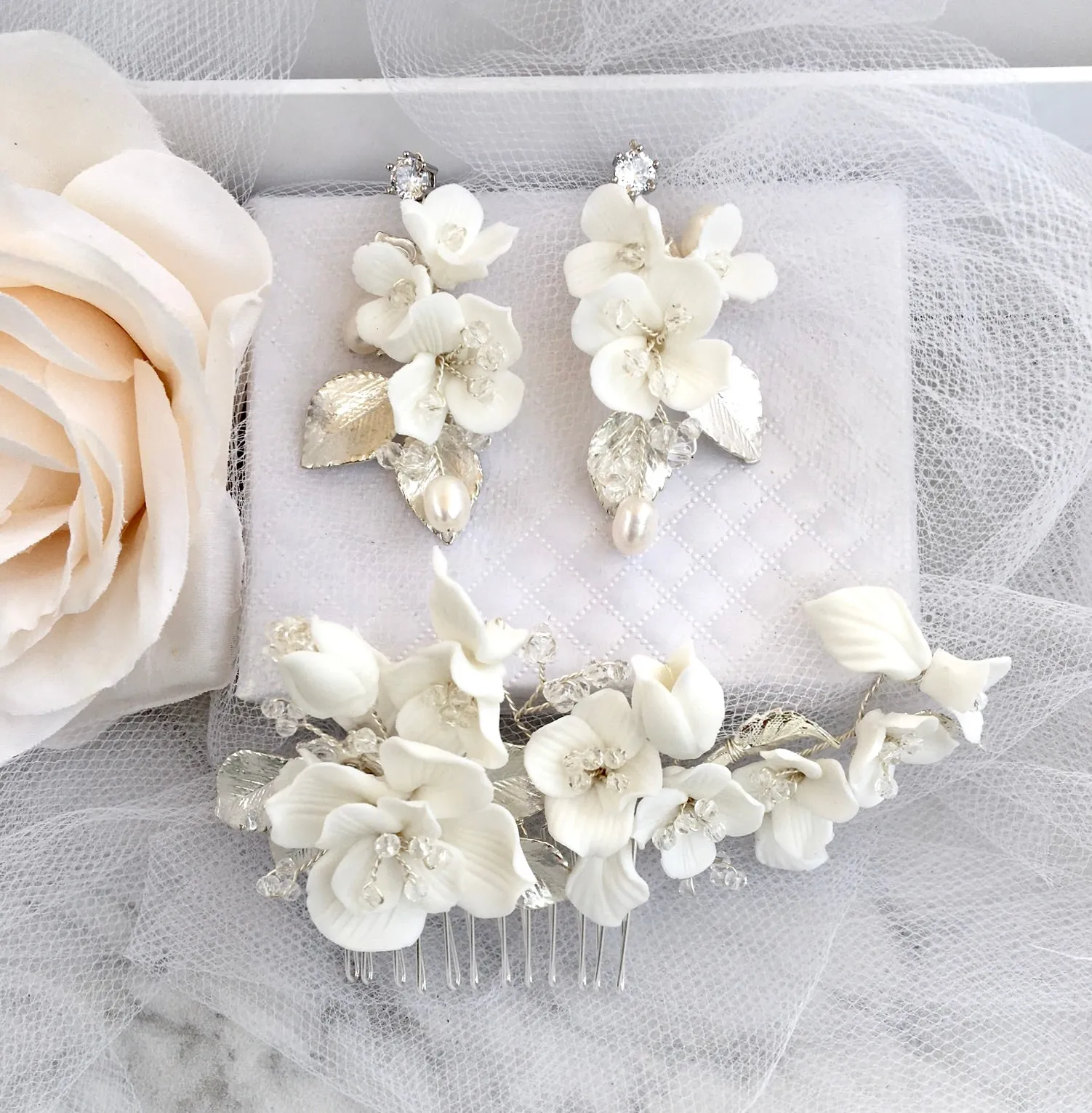 "McKenna" - Ceramic Flowers Bridal Hair Comb and Earrings Set - Available in Gold and Silver