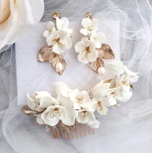 "McKenna" - Ceramic Flowers Bridal Hair Comb and Earrings Set - Available in Gold and Silver