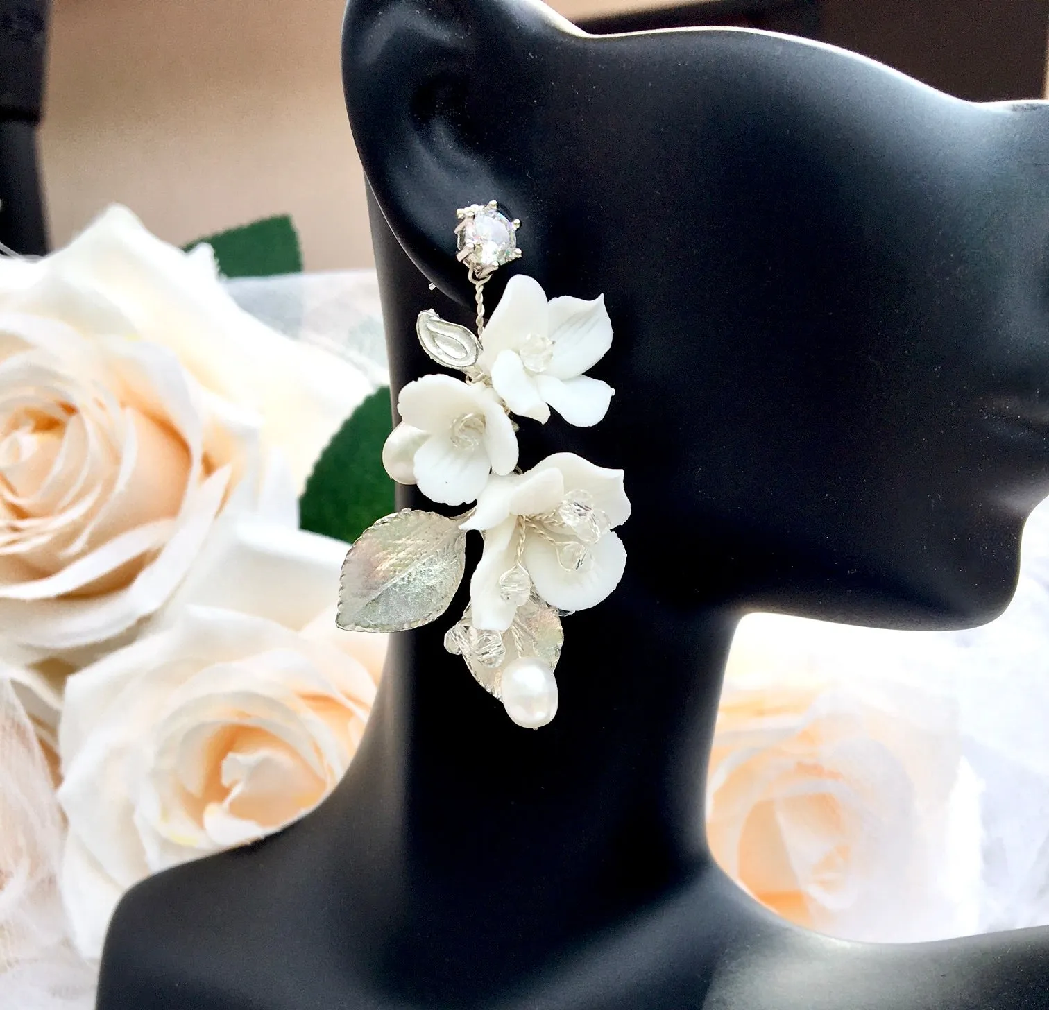 "McKenna" - Ceramic Flowers Bridal Hair Comb and Earrings Set - Available in Gold and Silver