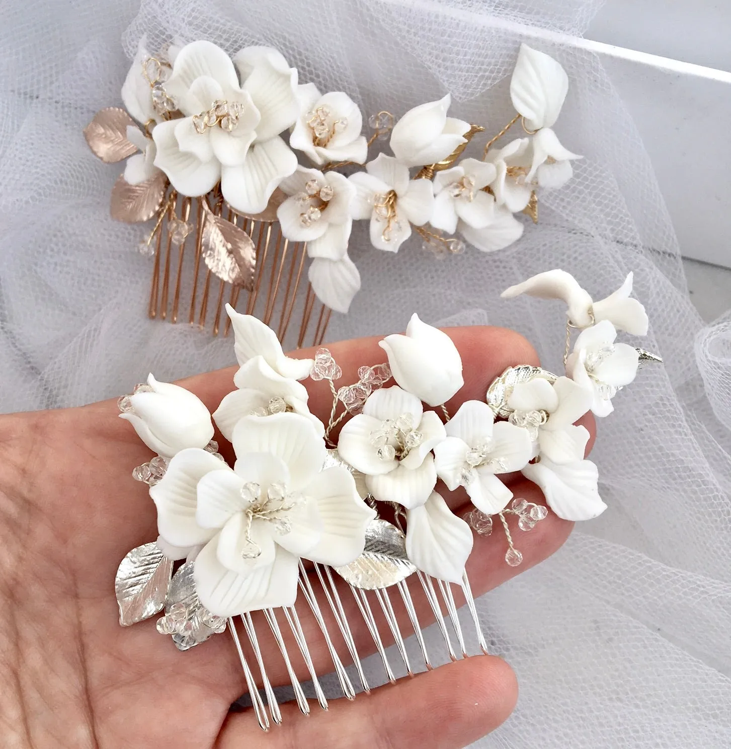 "McKenna" - Ceramic Flowers Bridal Hair Comb and Earrings Set - Available in Gold and Silver