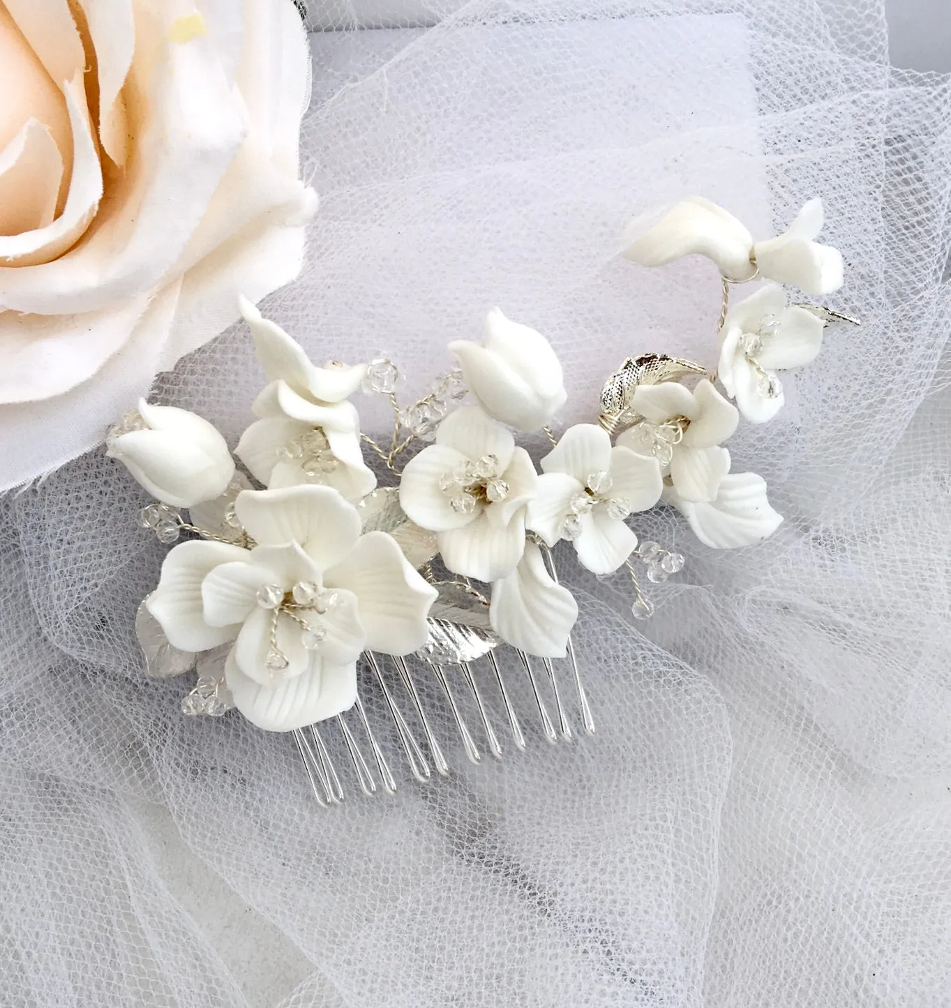 "McKenna" - Ceramic Flowers Bridal Hair Comb and Earrings Set - Available in Gold and Silver