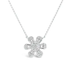 Round & Baguette Diamond Flower Pendant Necklace