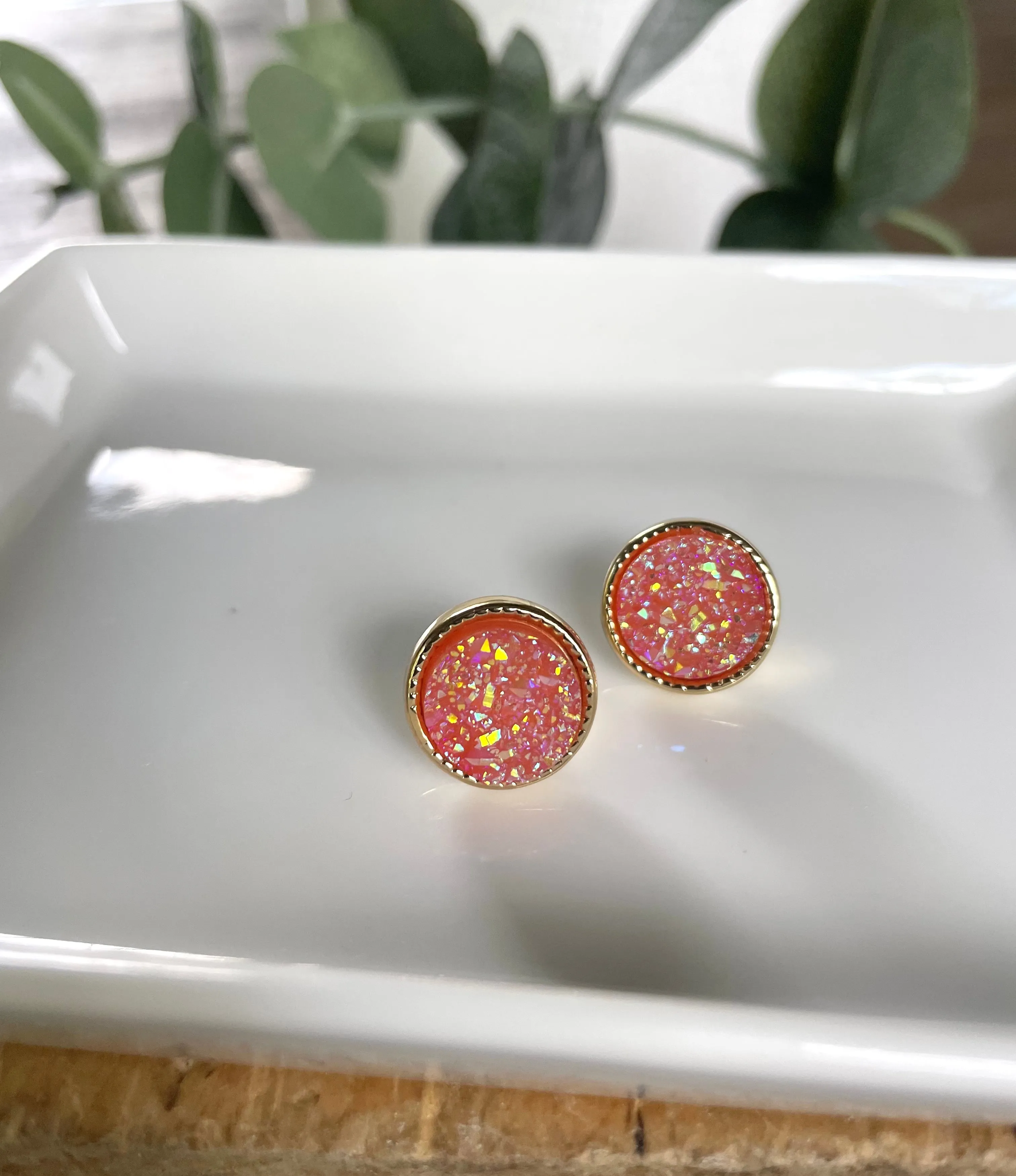 Round Druzy Studs-Hot Pink