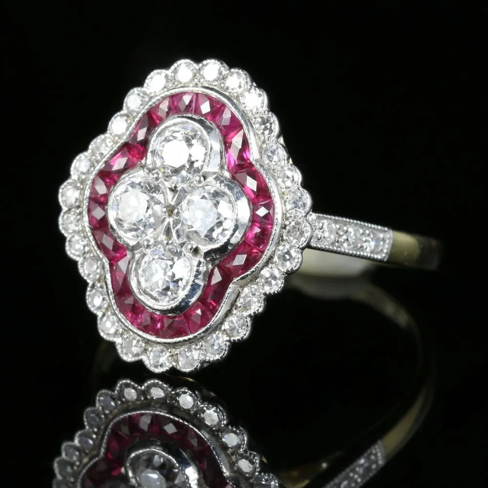 Ruby Diamond Cluster Engagement Ring 18Ct White And Yellow Gold