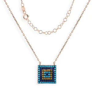 Short Rose Gold Plated Silver Necklace With Turquoise Cubic Zirconia Square Eye