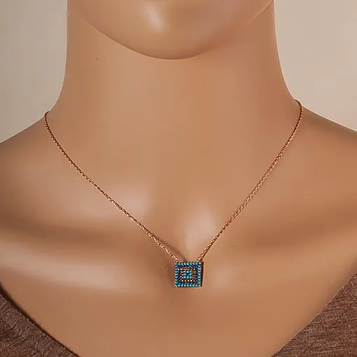 Short Rose Gold Plated Silver Necklace With Turquoise Cubic Zirconia Square Eye