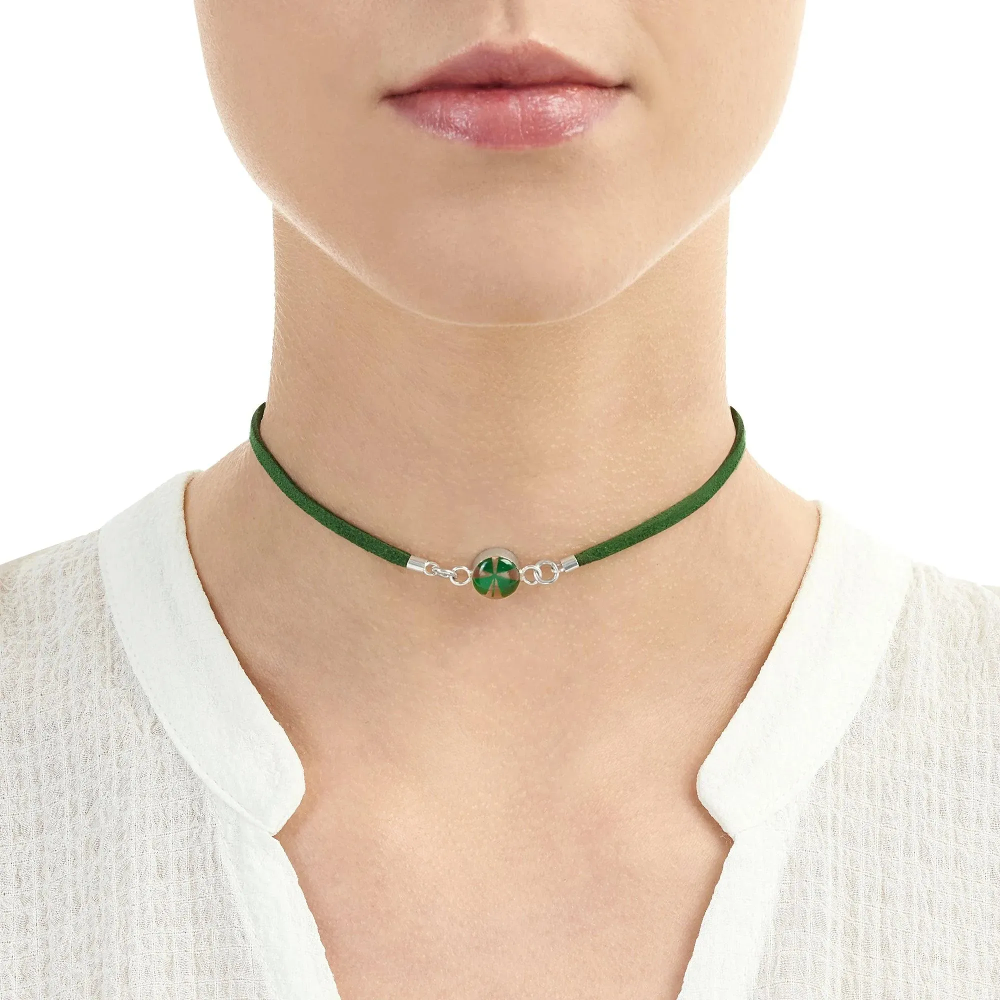 Shrieking Violet Funky Choker Necklace - Green 'Vegan suede' strap - Four-leaf Clover - Perfect gift for teacher - Sterling silver - One size