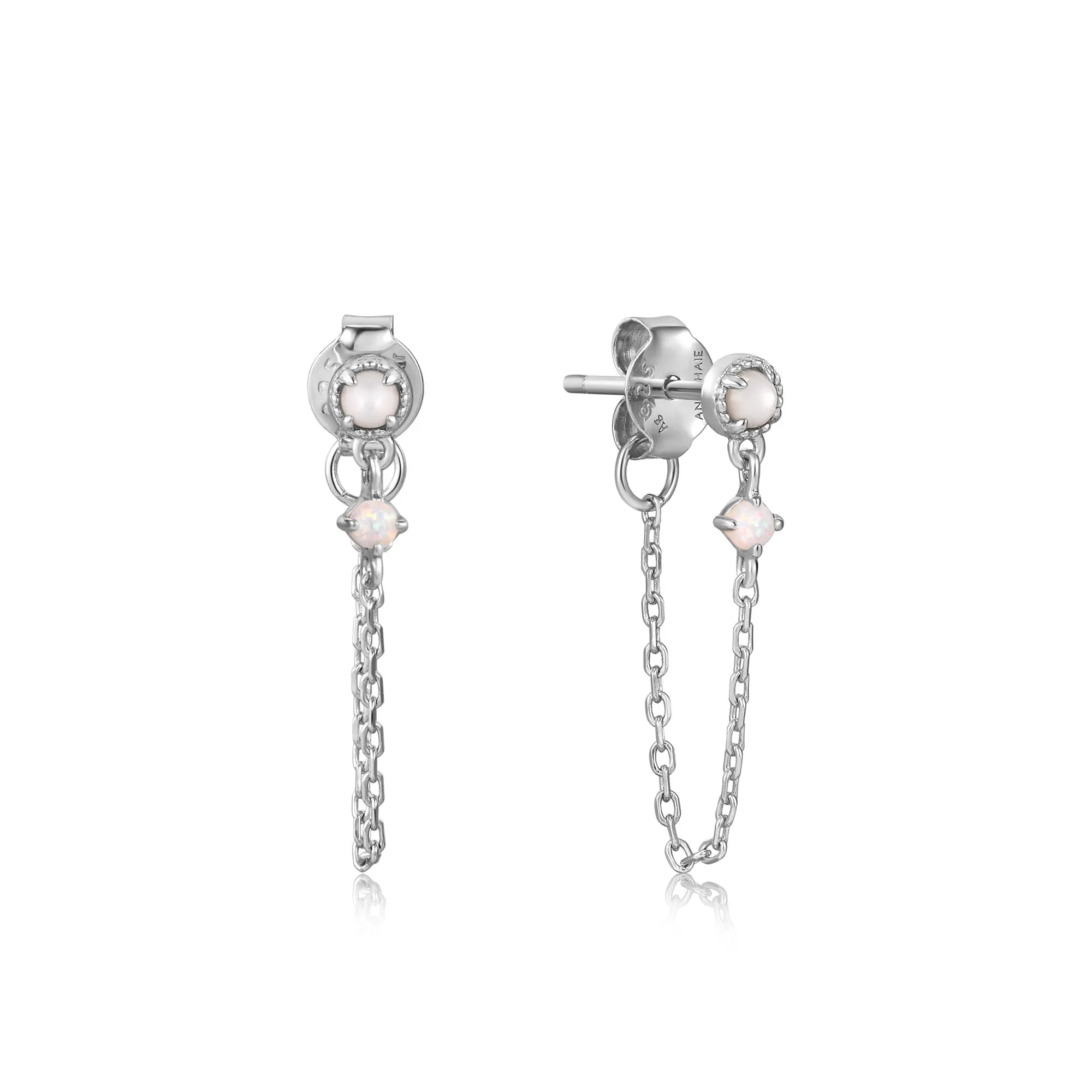 Silver Mother of Pearl and Kyoto Opal Chain Drop Stud Earrings