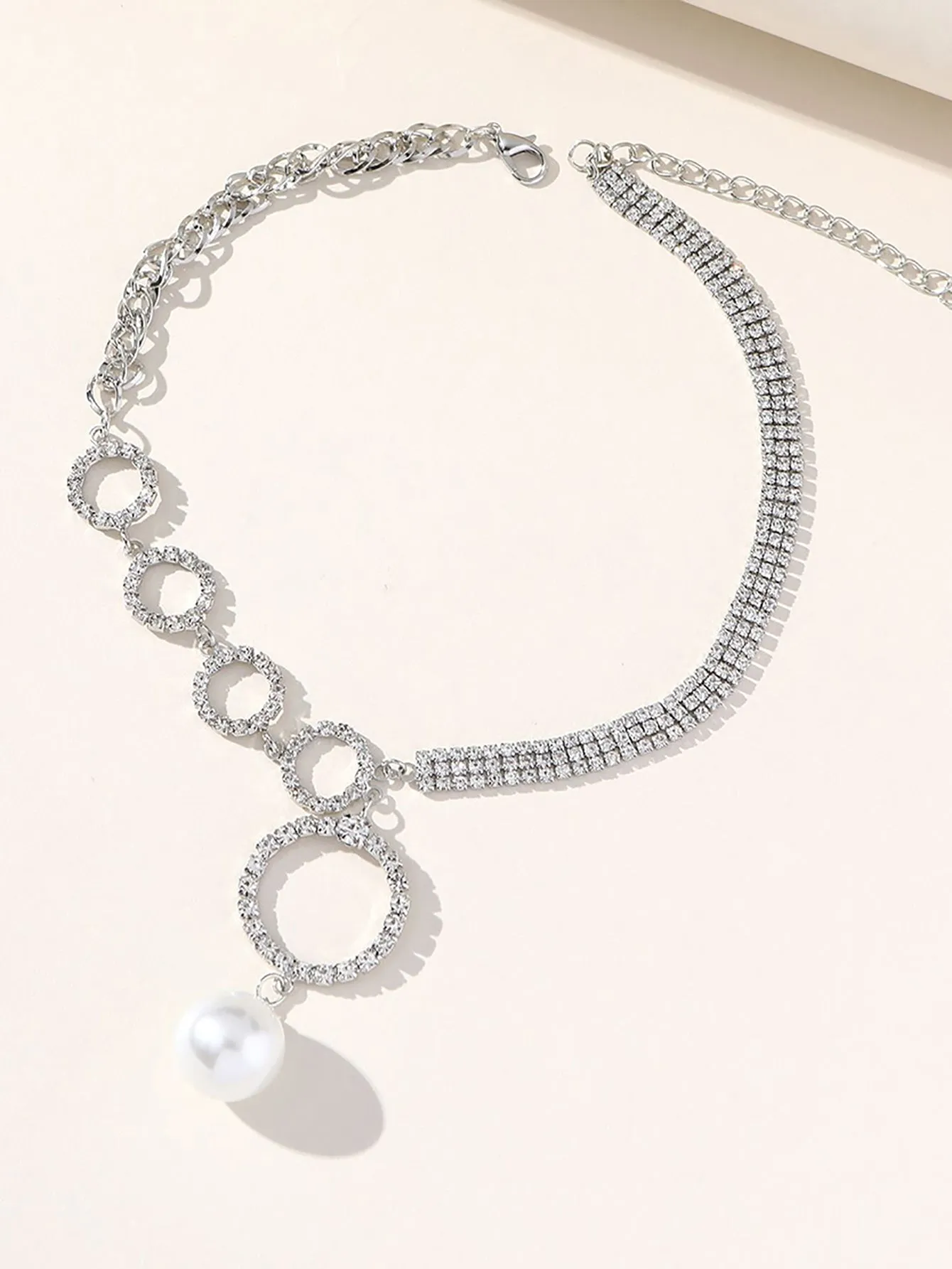 Silver Simple Rhinestones Pearl Asymmetrical Necklace