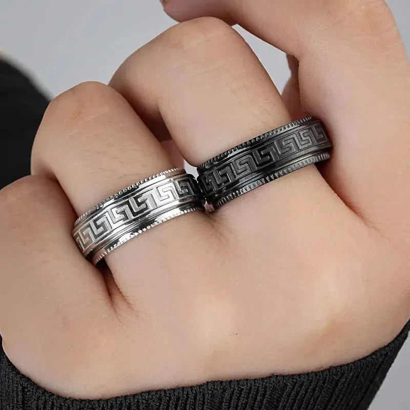 Simple Titanium Steel Couple Rings Decompression Anti-anxiety Rotating Ring for Men Embossed Great Wall Pattern Jewelry Gifts