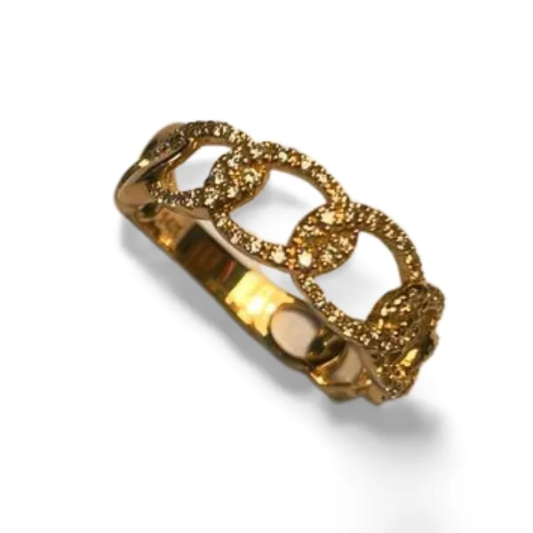 Stunning 14K Yellow Gold Diamond Swirl Cuban Chain Link Band Ring