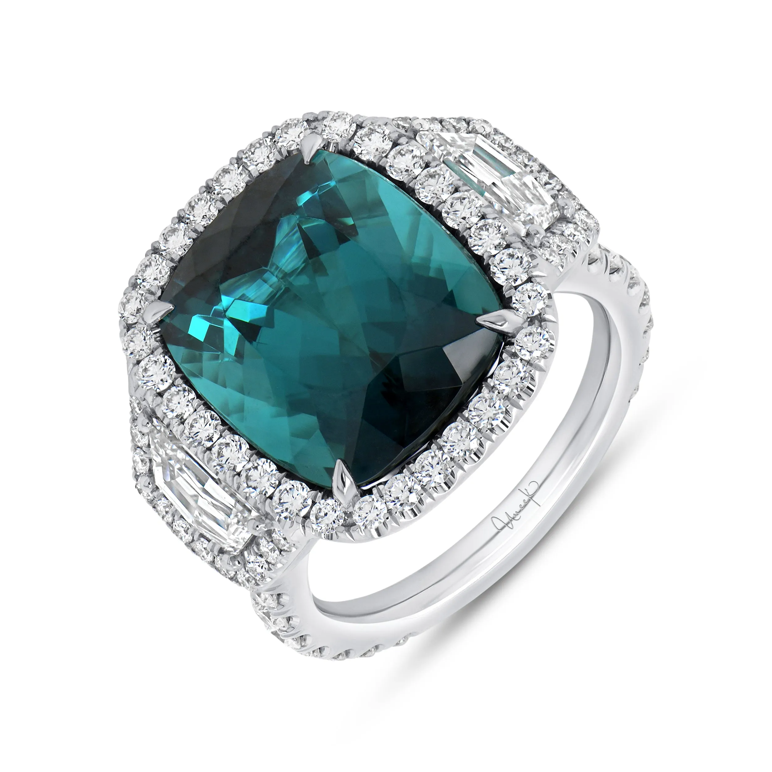 Three-Stone Cushion Cut Green Tourmaline Ring