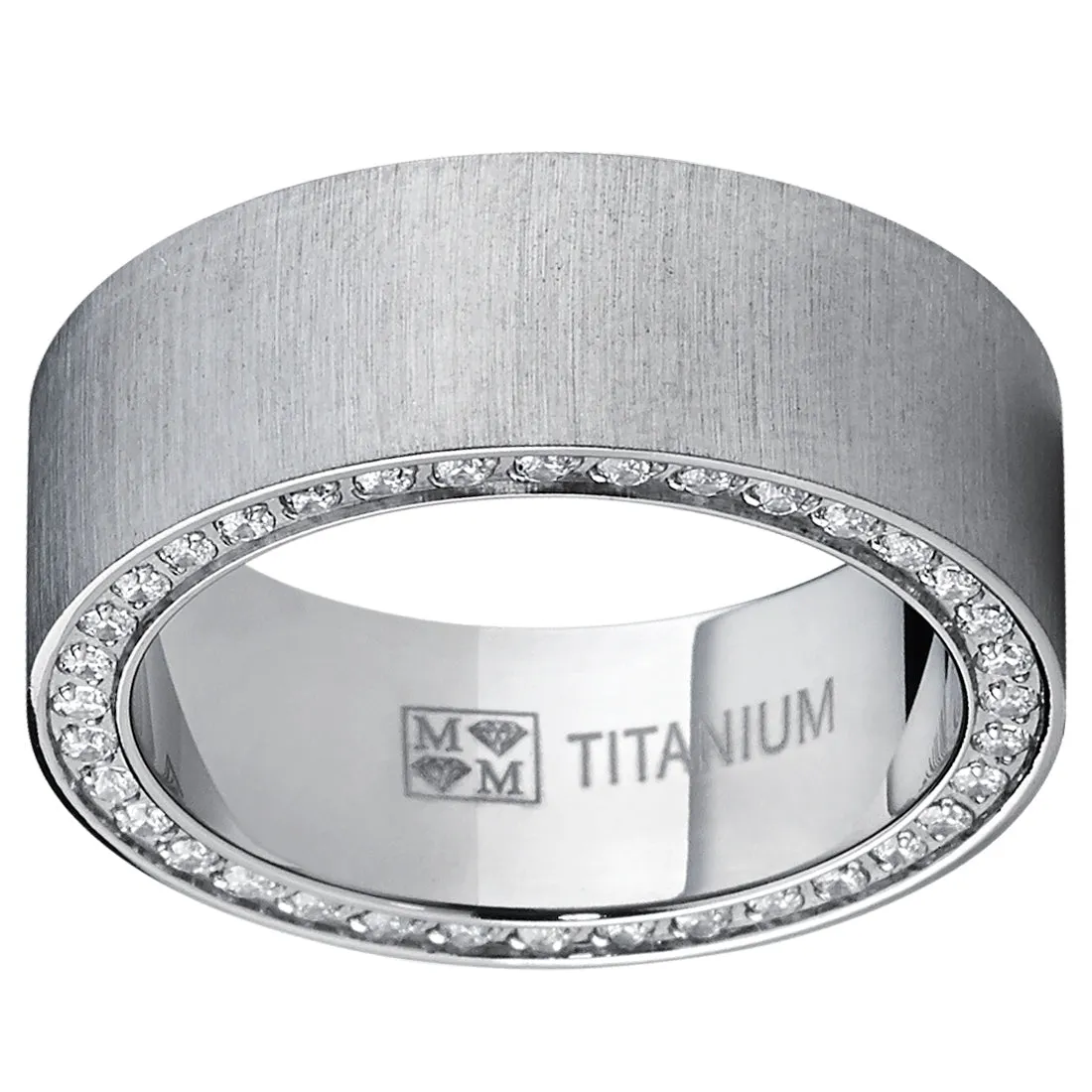 Titanium Men's Brushed Wedding Band Ring with Cubic Zirconia, Two Row Pave Set Eternity Ring