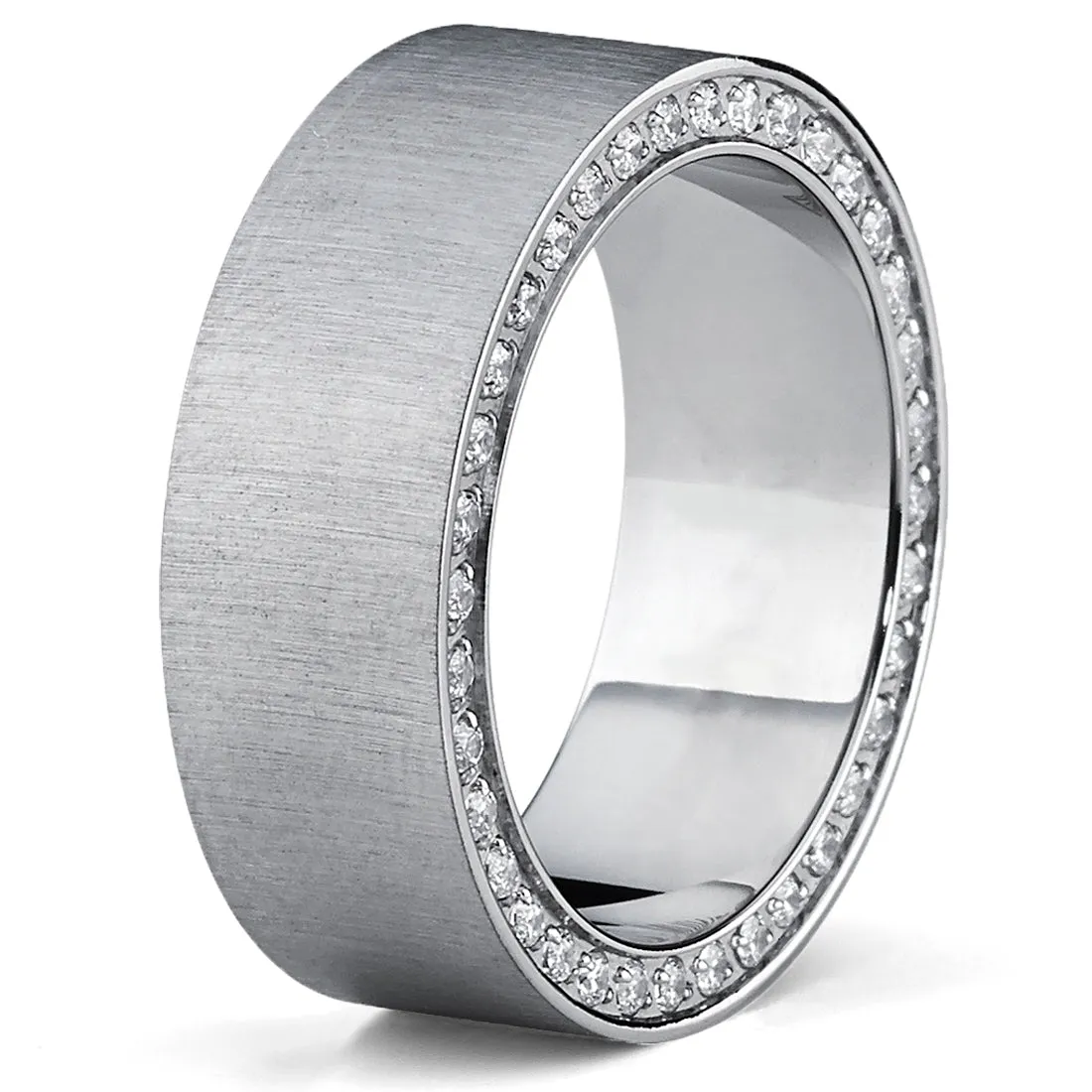 Titanium Men's Brushed Wedding Band Ring with Cubic Zirconia, Two Row Pave Set Eternity Ring