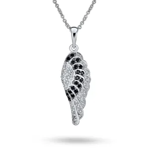 Two Tone CZ Angel Wing Feather Dangle Pendant Necklace Silver Plated