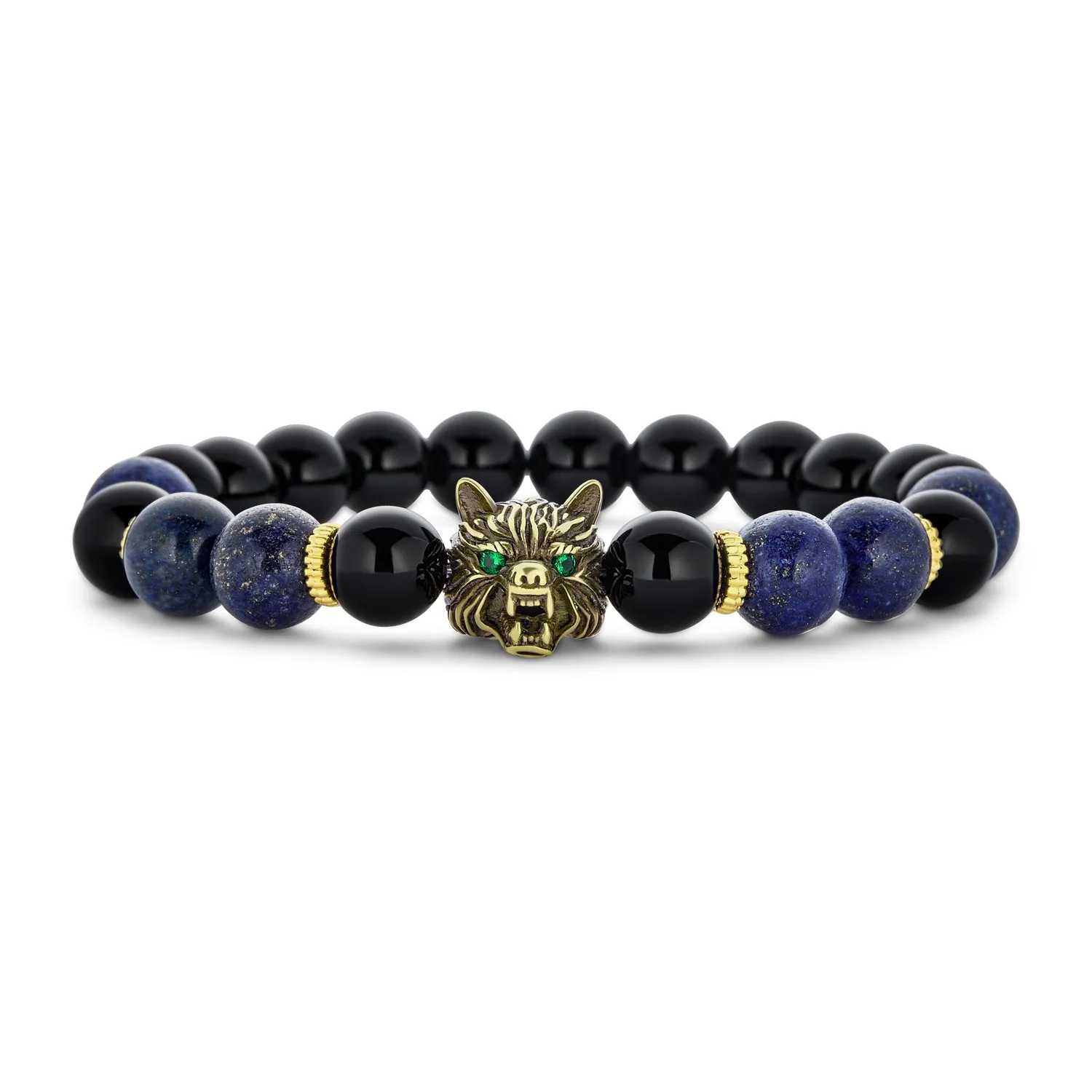 Unisex Jungle Animal Stretch Bracelet with Onyx & Tiger Eye Beads for Men Gold Plated