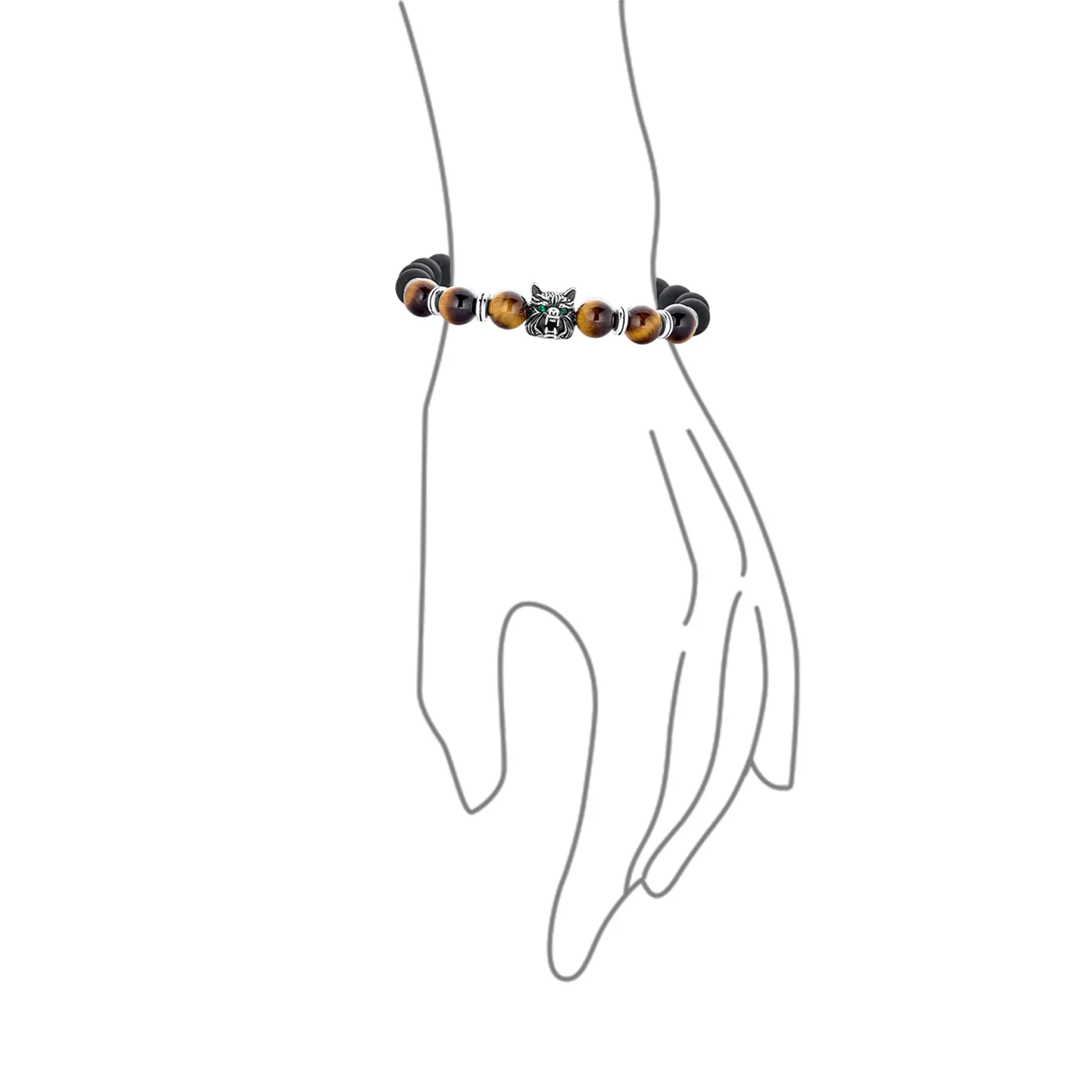 Unisex Jungle Animal Stretch Bracelet with Onyx & Tiger Eye Beads for Men Gold Plated