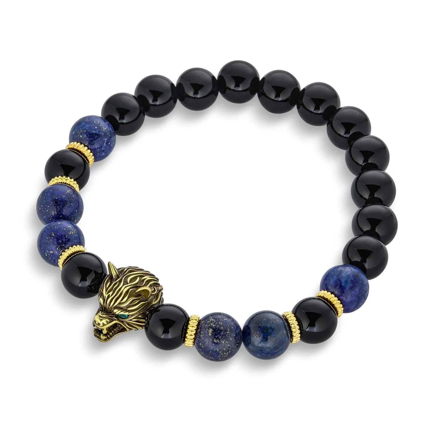 Unisex Jungle Animal Stretch Bracelet with Onyx & Tiger Eye Beads for Men Gold Plated