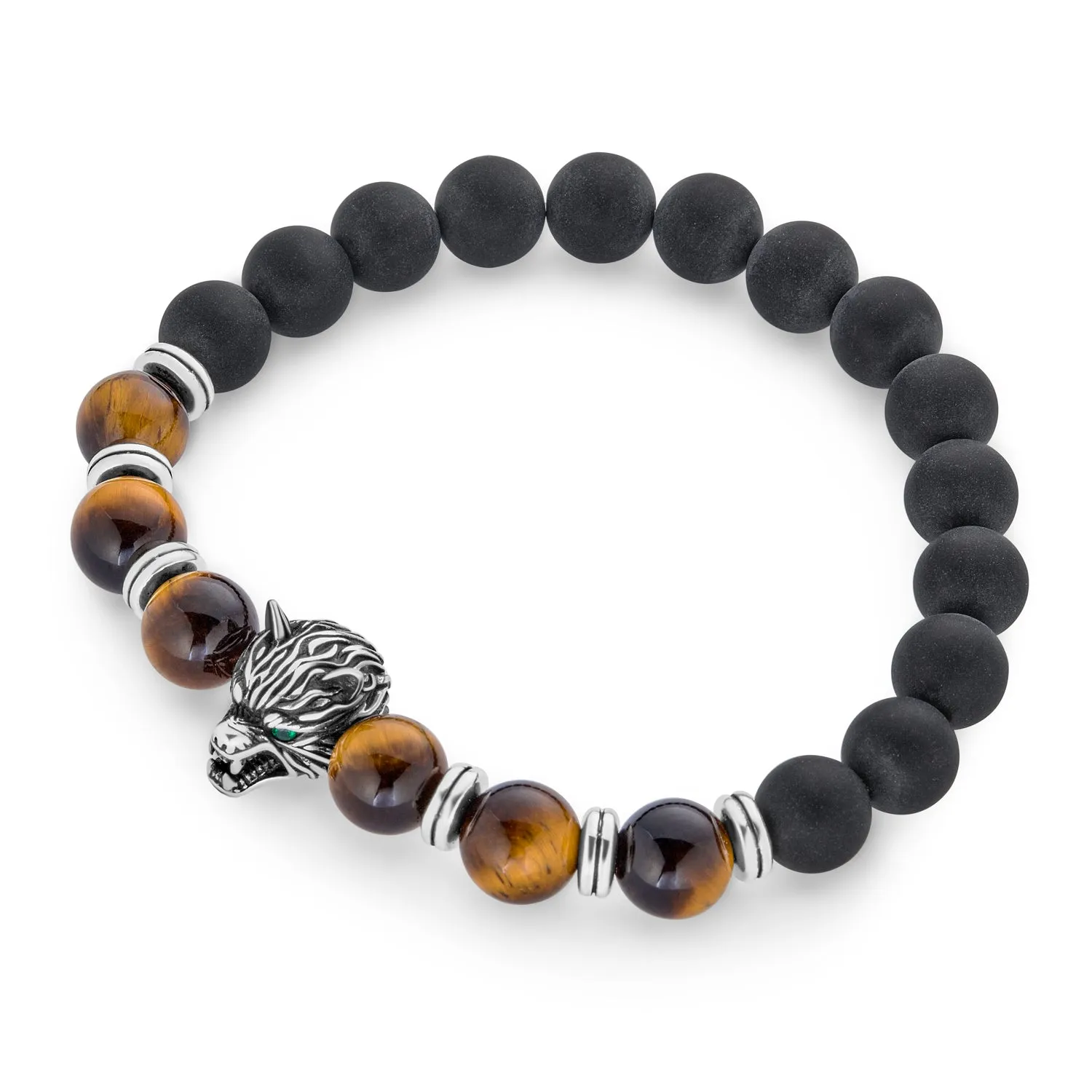 Unisex Jungle Animal Stretch Bracelet with Onyx & Tiger Eye Beads for Men Gold Plated