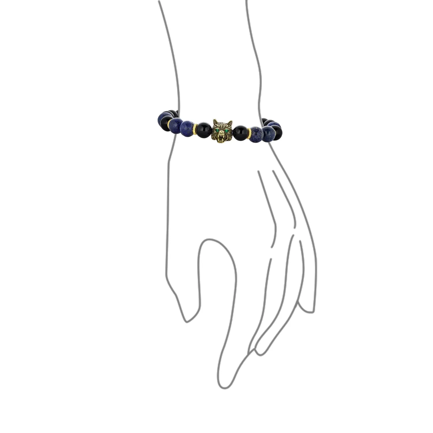 Unisex Jungle Animal Stretch Bracelet with Onyx & Tiger Eye Beads for Men Gold Plated