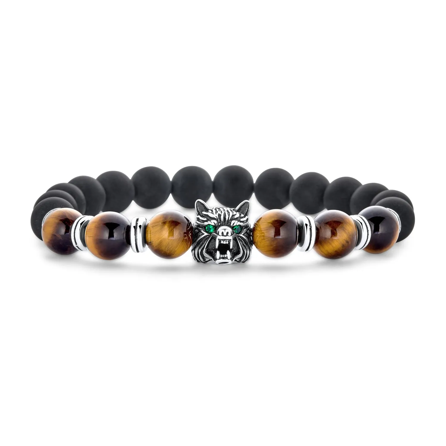 Unisex Jungle Animal Stretch Bracelet with Onyx & Tiger Eye Beads for Men Gold Plated