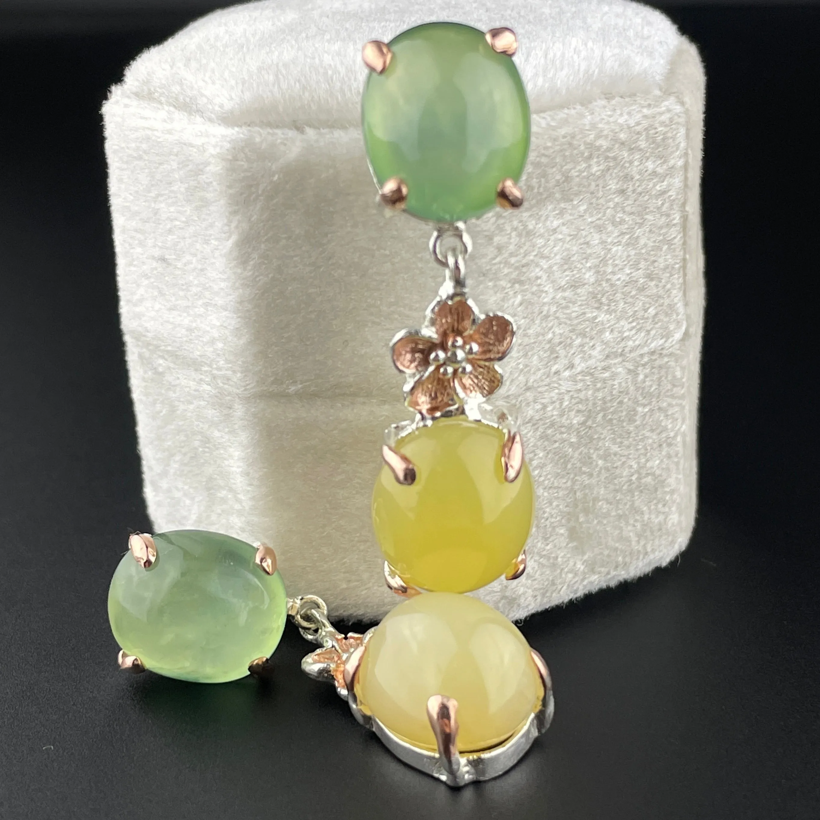 Vintage Silver Green Yellow Chalcedony Earrings