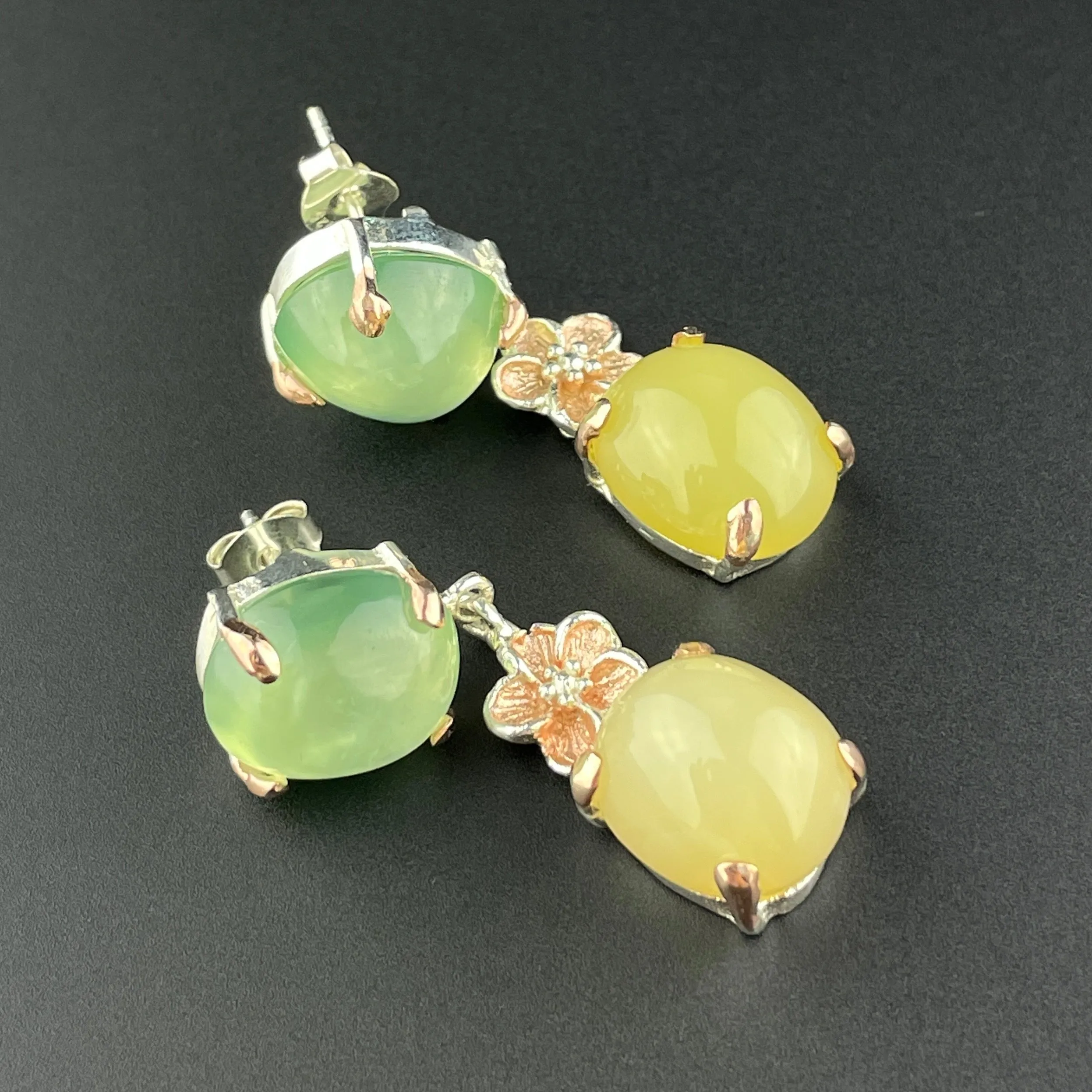 Vintage Silver Green Yellow Chalcedony Earrings